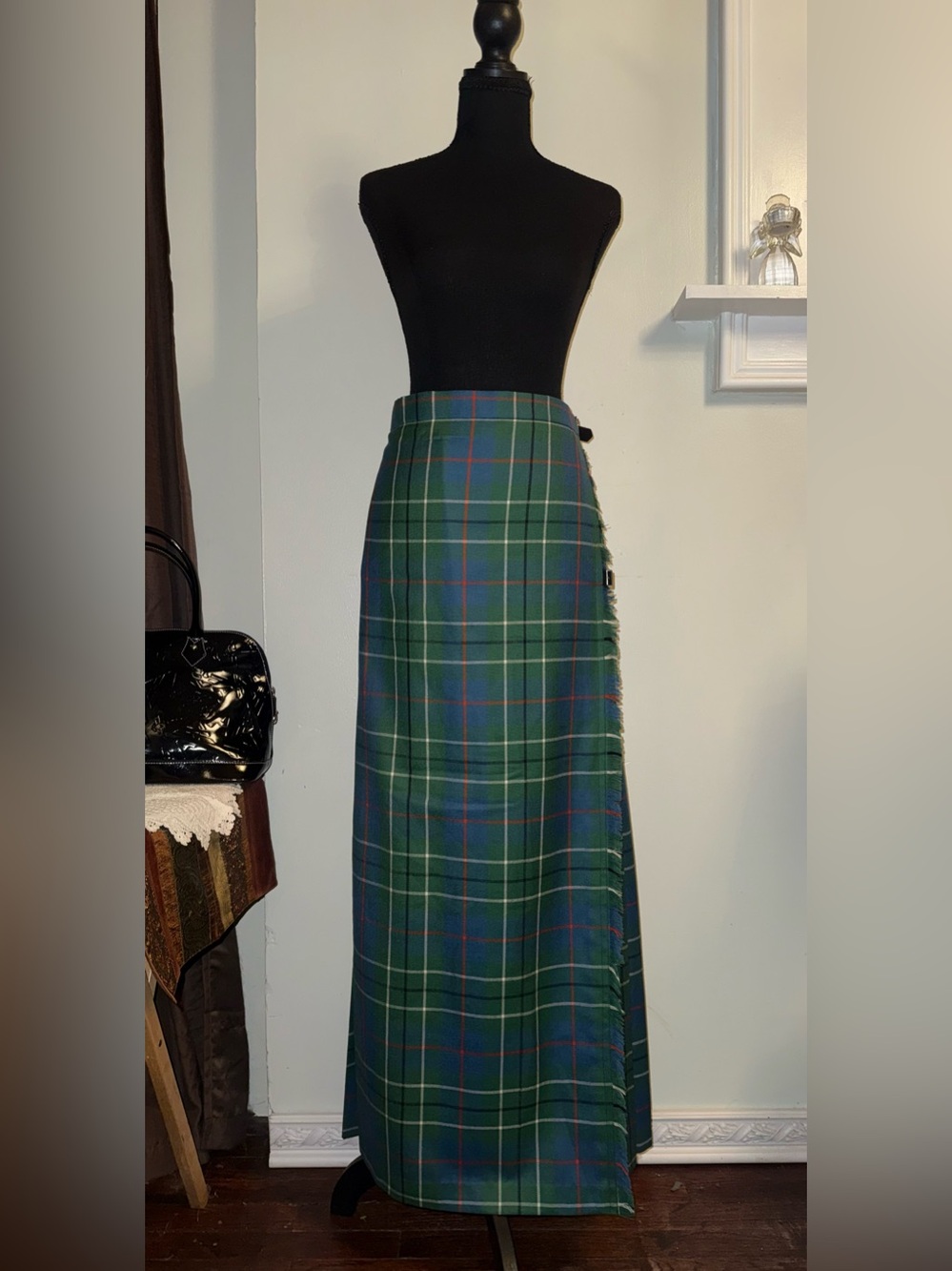 Green Tartan Maxi Wrap Blanket Skirt with Side Buckle
